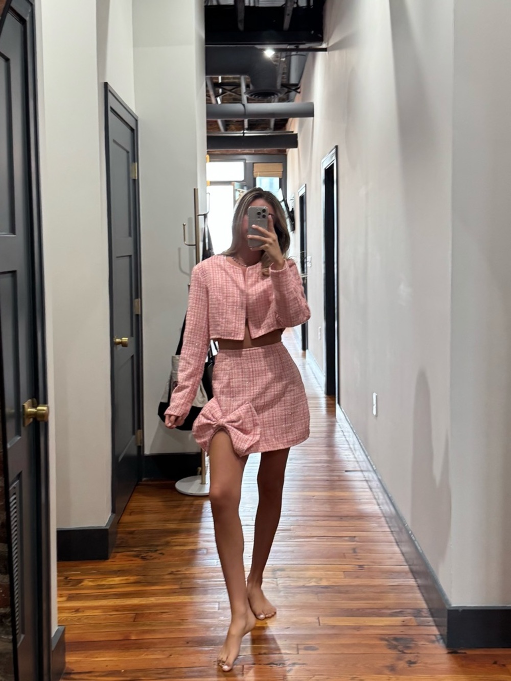 Pink Tweed Top & Skirt Set with Bow - Picture 2 of 7